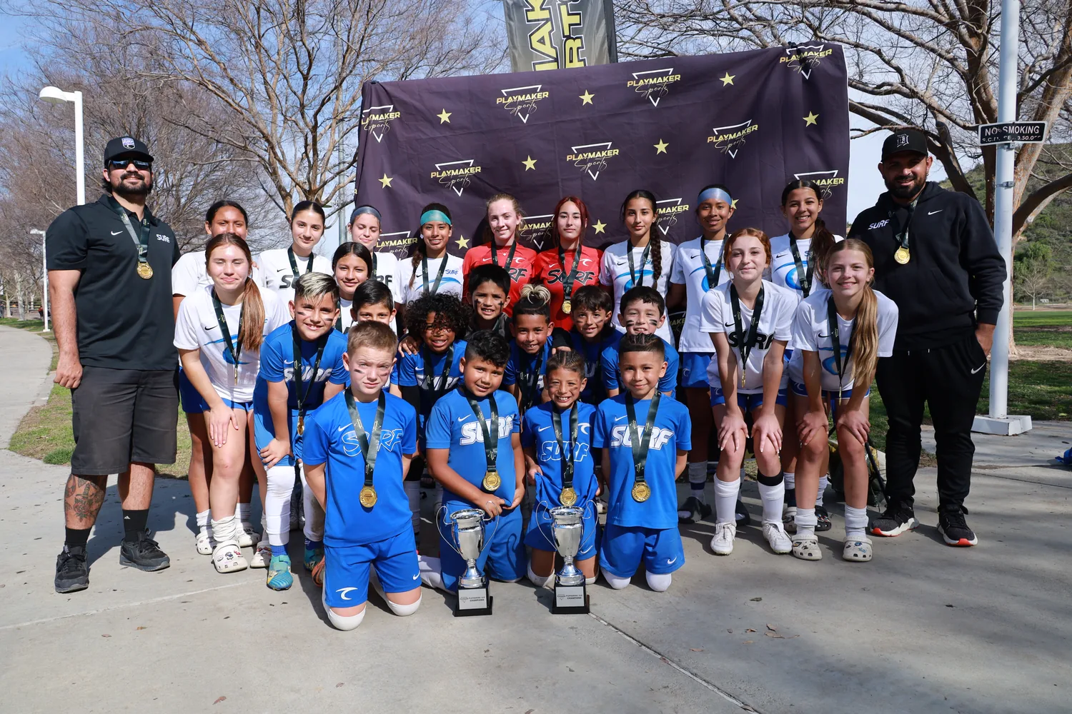Young soccer players competing at a Playmaker Sports event